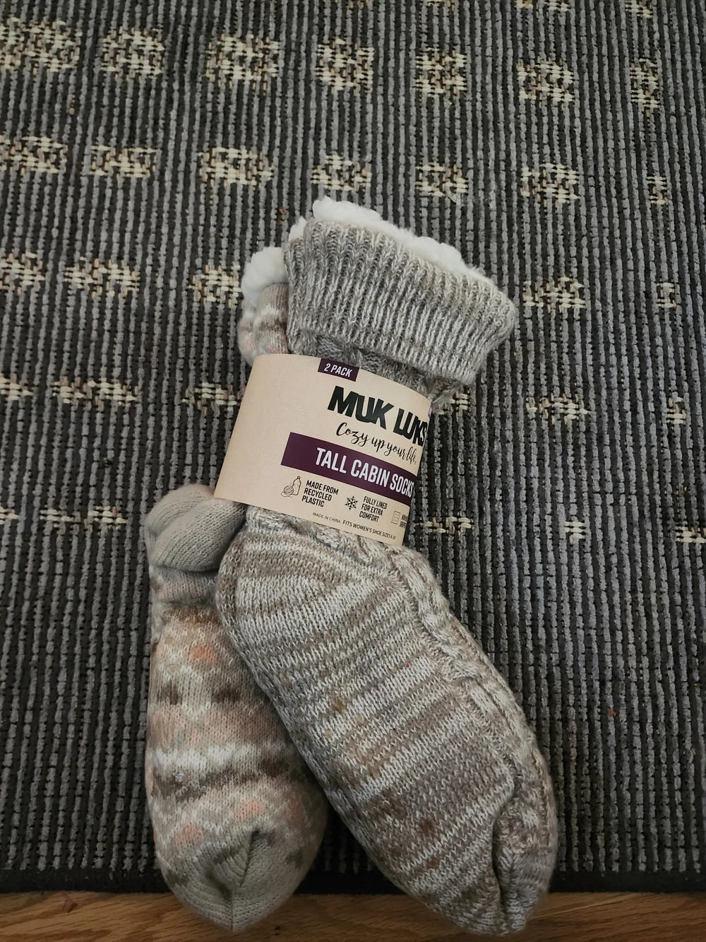 Muk Luks Beige Cable-Knit Tall Cabin Socks with Cream Accents 2 Pairs